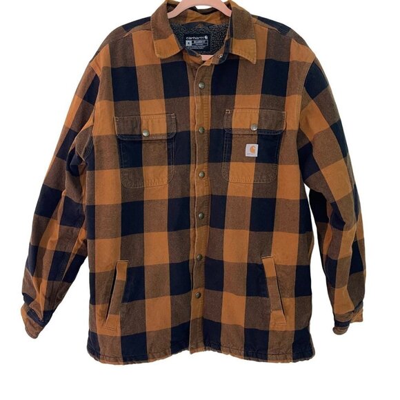 Carhartt Mens Jacket Size XL Brown Relaxed Fit Heavyweight Flannel Sherpa Plaid - Picture 1 of 10